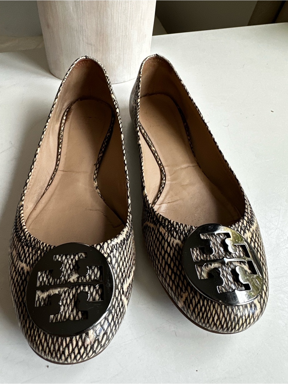 Tory Burch Black and Tan Snake-Print Logo Ballet Flats
